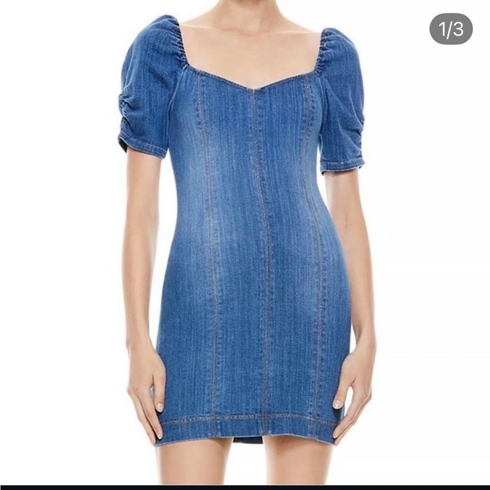 Alice + Olivia Blue Denim Puff-Sleeve Mini Dress